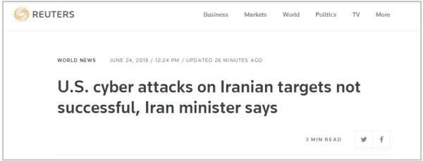 伊朗高官回应网络攻击：美国人很努力，但没成功