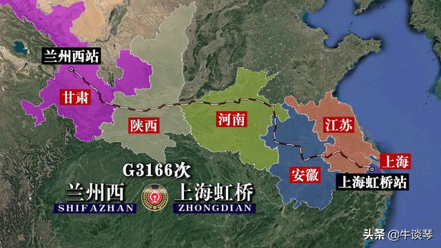 G3166次列车运行线路图：兰州西开往上海虹桥，全程2146公里