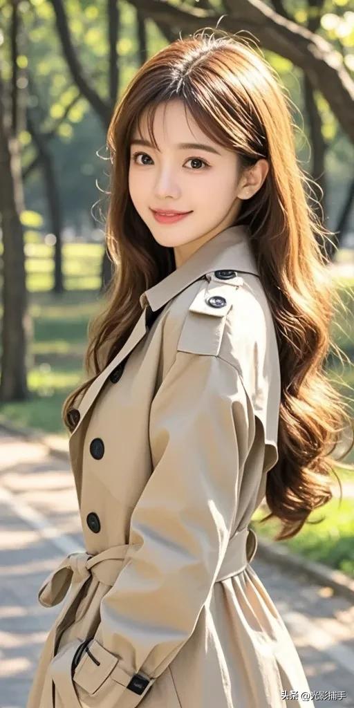 秋风中的优雅女神:穿风衣的她
