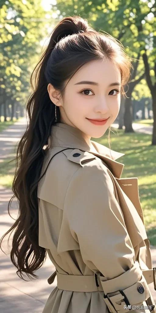 秋风中的优雅女神:穿风衣的她