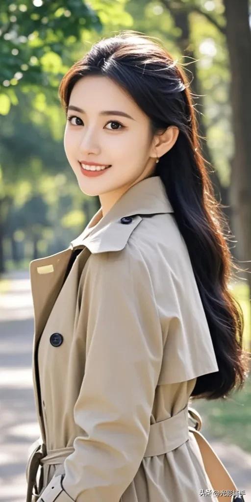 秋风中的优雅女神:穿风衣的她